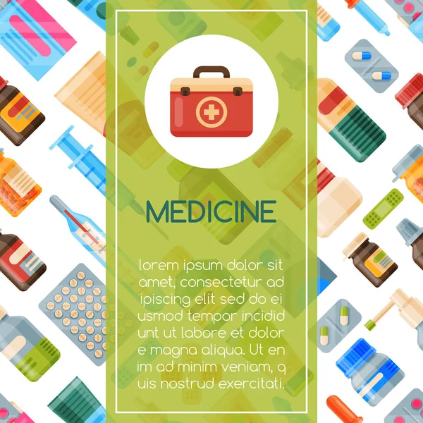 Medicina ilustración de vectores de patrón sin costura. Medicina, farmacia, hospital conjunto de medicamentos con etiquetas. Medicamentos, concepto farmacéutico. Diferentes píldoras médicas y botellas . — Vector de stock