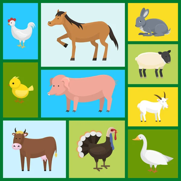Set of farm domestic animals seamless pattern vector illustration. Collection of cute pet animal. Cartoon cow and horse, pig and goose, rabbit, hen, turkey, chick, goat, sheep.