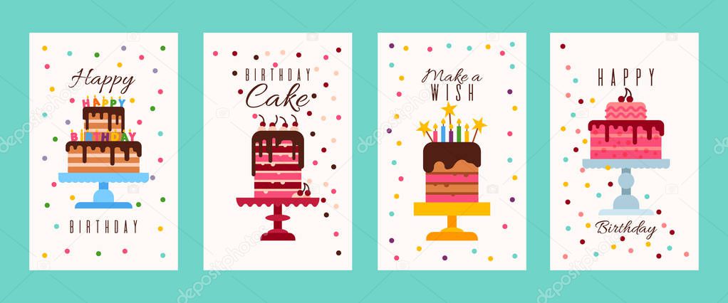 Cake birthday banners or birthday invitation cards vector illustration. Happy birthday. Make a wish. Flyers for bakery or sweets shop. Big cartoon cakes with burning candles.