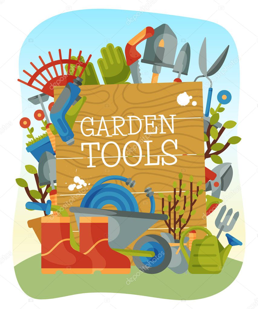 Garden tools banner, poster vector illustration. Supplies for gardening such as wheelbarrow, trowel, fork hoe, boots, gloves, shovels and spades, lawn mower, watering can.