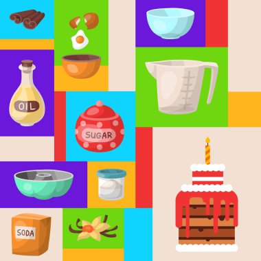 Pişirme çizgi film araçları desen yuvarlak. Mutfak eşyaları. Malzemeler pişirme şeker, vanilya, un, yağ, tereyağı, kabartma tozu, doğum günü pastası, yumurta ayarlayın. Vektör çizim pişirme.