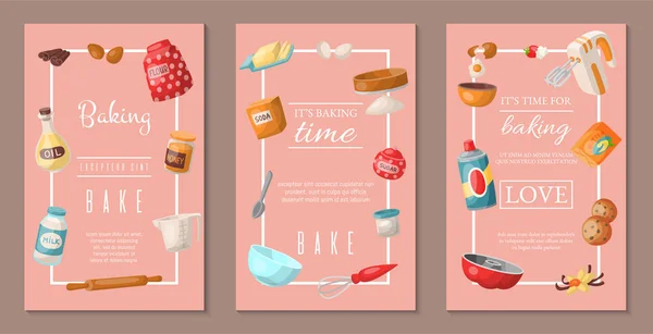 Time for baking set of banners. Baking ingredients and kitchen tools and utensils. Collection of realistic cartoon vector illustrations with cooking related objects. Honey, flour, soda. — Stock Vector