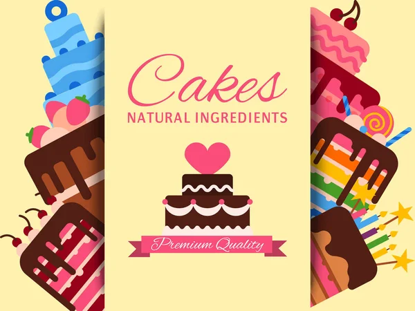 Cake shop banner vektorillustration. Kakor naturliga ingredienser. Premiumkvalitet. Choklad och fruktiga desserter för konditori med bakverk, kex, pudding, cupcakes, vispad grädde. — Stock vektor