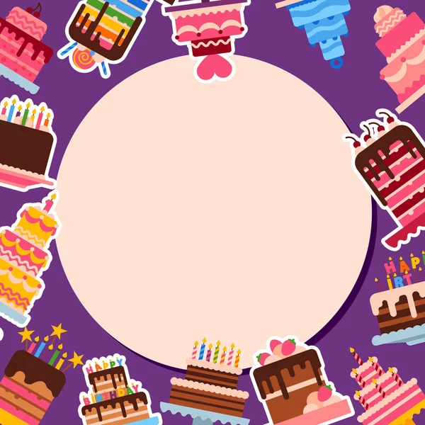 Cake shop rond motif rond vectoriel illustration. Desserts chocolatés et fruités pour pâtisserie sucrée avec cupcakes, gâteaux, pudding, biscuits, crème fouettée, glaçage et saupoudrer, bougies . — Image vectorielle