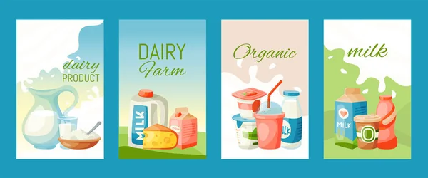 Dairy products or milk set vector illustration. Fresh, quality, organic food cards or banners. Great taste and nutritional value. Milk, cheese, yogurt, cottage cheese, sour cream. — Stock Vector