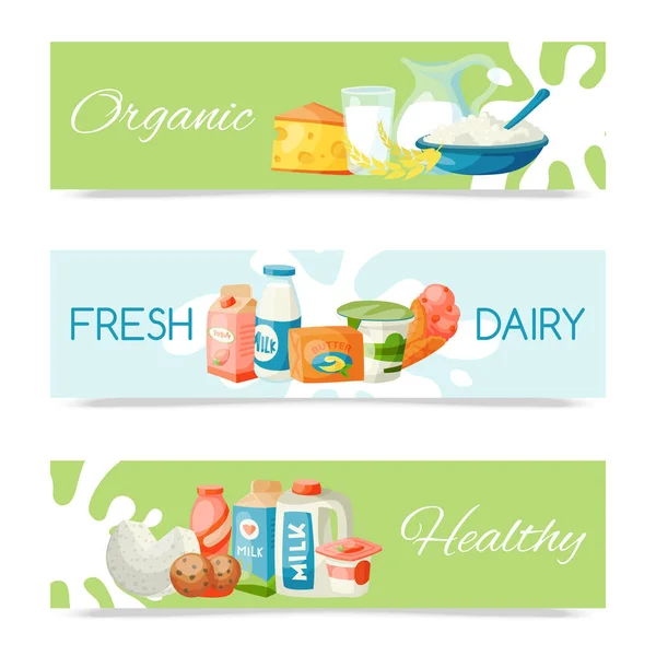 Dairy products or milk set vector illustration. Fresh, quality, organic food set of banners. Great taste and nutritional value. Milk, cheese, yogurt, cottage cheese, sour cream. — Stock Vector