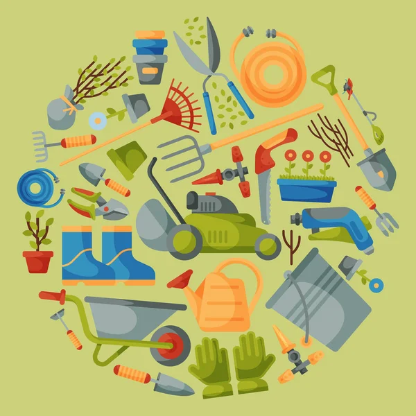 Garden tools round pattern vector illustration. Equipment for gardening. Wheelbarrow, trowel, fork hoe, boots, gloves, shovels and spades, lawn mower, watering can. Plant such as flower and tree. — Stock Vector