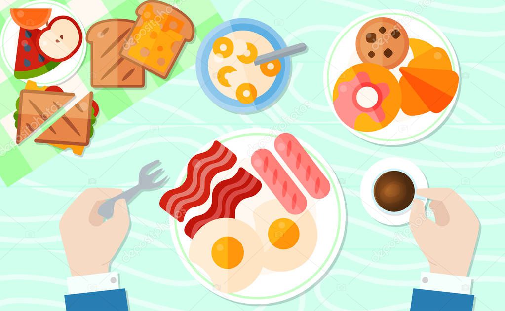 Breakfast table banner or poster vector illustration. Man sitting at table and having breakfast. Plate with friead eegs, bacon and sausage, cup of coffee, bowl of flakes with milk.