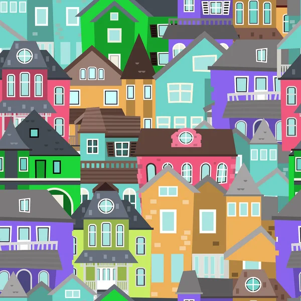 Милі будинки безшовний візерунок з кольоровим домашнім тлом Векторні ілюстрації. Вниз місто обгортає фоновий малюнок даху. Міська вулична архітектура. Сучасна нерухомість зовнішні шпалери . — стоковий вектор