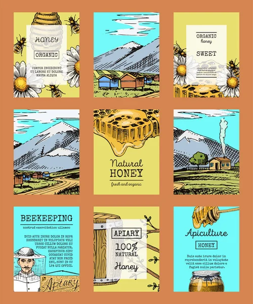 Карточки на медовую ферму, восковая пчела и пчелиный улей. Плакат органического меда и пасеки, улей и ромашковый десерт . — стоковый вектор