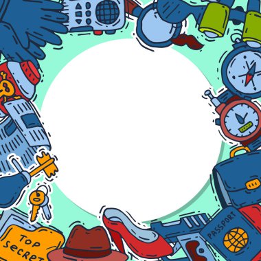 Özel Dedektif casus gadget'lar Büyüteç adli kanıt gizli belgeleri poster vektör çizim iş. Gizlilik bilgileri Dedektif ekipman casusluk. Profesyonel izleme çalışmaları.