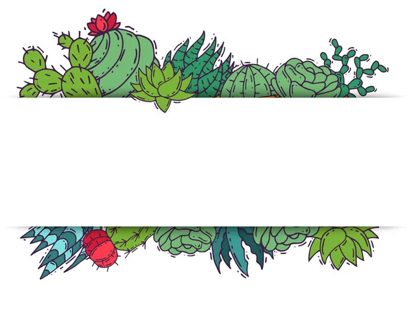 Vetplanten decoratieve cactussen groene planten vectorillustratie. Natuur botanische kamerplant floral banner. Cactus ontwerp plantkunde boeket. Decoratieve flora tuin kaart. — Stockvector