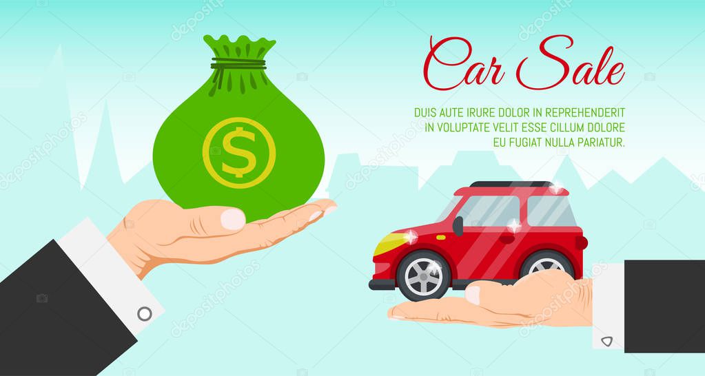 Buying or renting new or used red car banner vector illustration. Car in buyer hand. Car sale. Modern flat style selling transport flyer. Buying auto rental dealer. Travel vehicle service concept.