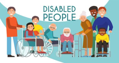 Engelli peolple aktif bir yaşam afiş tekerlekli sandalye vektör çizim çocuk yaşlı kişilerde özürlü. Özürlü bakım kavramı. Handikap kişi tekerlekli sandalye arkadaş el ilanı. Yaşlı hasta geçersiz seferlerinde