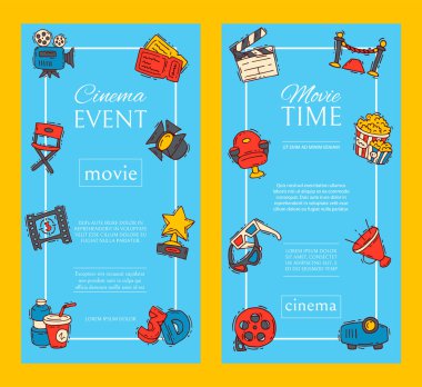Sinema Festivali afiş afiş medya üretim plan vektör. Satılık bilet afiş. Film zaman ve eğlence kavramı. Kamera görüntü yönetmeni reklam düz illüstrasyon.
