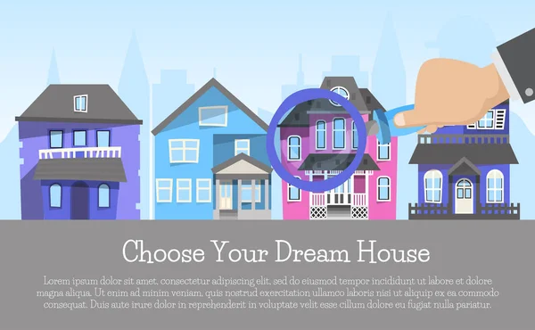 家賃バナー、ホームの選択、建築プロジェクト、不動産の概念は夢 homevector の図を選択します。住宅購入不動産は、アパートを選択します。プロパティ コテージ購入するポスター. — ストックベクタ