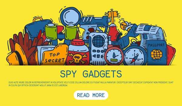 Private detective spy work gadgets magnifier forensic evidence secret documents banner vector illustration. Spying privacy information detective equipment. Professional surveillance work.