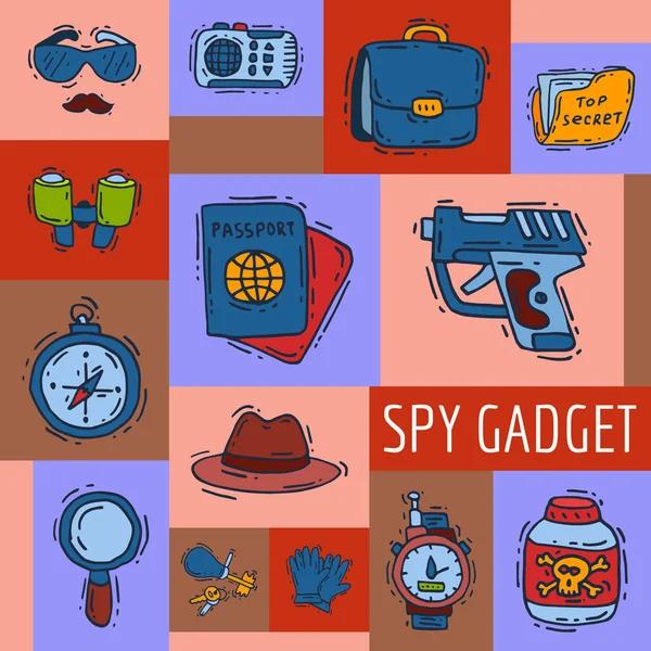 Private detective spy work gadgets magnifier forensic evidence secret documents poster vector illustration. Spying privacy information detective equipment. Professional surveillance work.