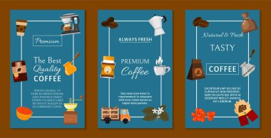 Coffee beans and equipment set of banners vector illustration. It s coffee time. Organic coffee. Always fresh and natural. Barista equipment such as espresso,coffee beans coffee pot. clipart