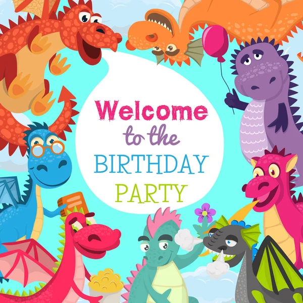 Baby dragons pattern vector illustration for invitation cards. Cartoon funny dragons with wings. Fairy dinosaurs with pop corn, baloon, flower, book. Welcome to the birthday party. — Stock Vector