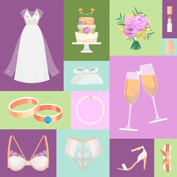 Bridal accessories pattern vector illustration. Items for wedding ceremony. Marriage elements dress, shoes, bouquet, veil, necklace, cake, glasses with champagne, underwear. — Stock Vector