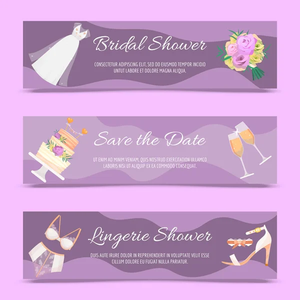 Juego de ducha nupcial de banners ilustración vectorial. Guarda la fecha. Ducha de ropa interior. Accesorios de boda tales como ramo de flores, vestido, copas con champán, pastel, ropa interior, zapatos . — Archivo Imágenes Vectoriales