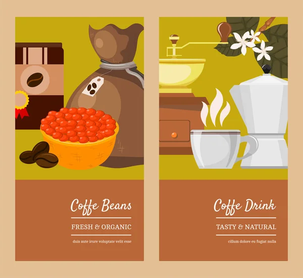 Coffee beans and equipment banner vector illustration. It s coffee time. Organic coffee. Always fresh and natural. Barista equipment such as espresso,coffee beans coffee pot. — Stock Vector