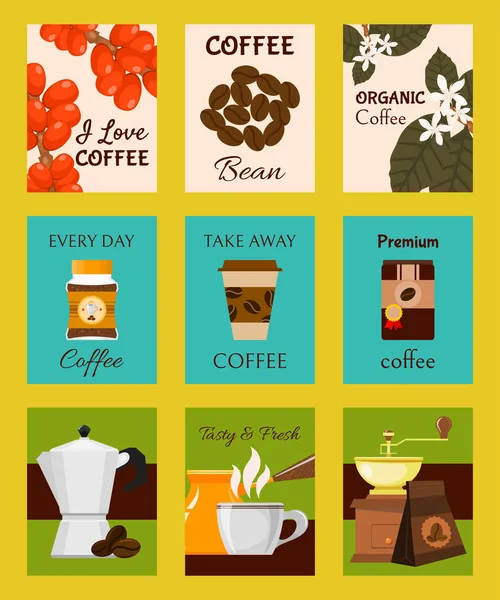 Coffee shop cards, banners vector illustration. Paper cup for take away drink. Premium coffee beans. Every day organic coffee. Tasty and fresh. Barista equipment such as cezve, coffee pot. — Stock Vector