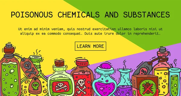 有毒的化学制品和物质横幅向量例证。用于液体油、生物燃料、炸药、化学、放射性、易燃和有毒液体的不同容器. — 图库矢量图片