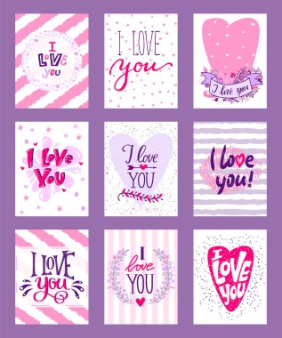 Mutlu sevgililer günü vektör illüstrasyon. Sevgililer romantik tebrik kartı, davetiye, poster tasarım şablonları ayarlayın. Seni seviyorum. Düğün, evlilik, tarih kaydetmek, gelinlik.