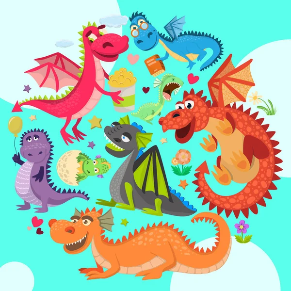 Baby dragons round pattern vector illustration. Cartoon funny dragons with wings. Fairy dinosaurs with pop corn, baloon, flower, book. Character hatching from egg. Magical dinos. — Stock Vector