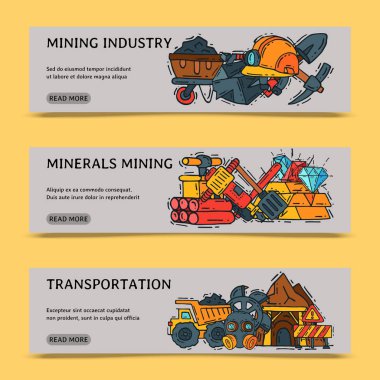 Madencilik Sanayi afiş vektör illüstrasyon seti. Meslek ve meslek. Kömür Madencilik Ekipmanları, madenci araçları. Özel makineler. Yeraltı operasyonları Madencilik için donatım.
