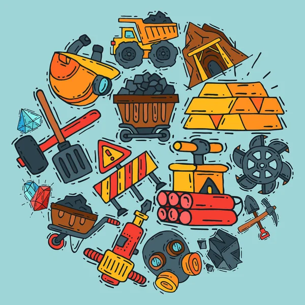 Mijnbouw ronde patroon vector illustratie. Beroep en beroep. Kolen mijnbouw apparatuur, Miner tools. Speciale machines. Apparatuur voor de winning van ondergrondse operaties. — Stockvector