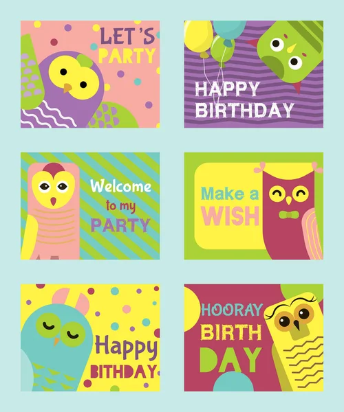 Uil set van de verjaardag kaarten vector illustratie. Welkom op mijn verjaardag. Maak een wens. Leuke cartoon wijze vogels met vleugels van verschillende kleur voor uitnodigingen en viering partij. — Stockvector