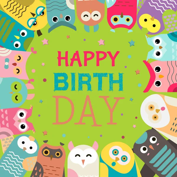 Baykuş desen vektör Illustration. Doğum günümde hoş geldin. Bir dilek tut. Davetiye ve kutlama partisi için kanatlar ile sevimli karikatür bilge kuşlar. Doğum günün kutlu olsun. Yıldız ve konfeti. — Stok Vektör