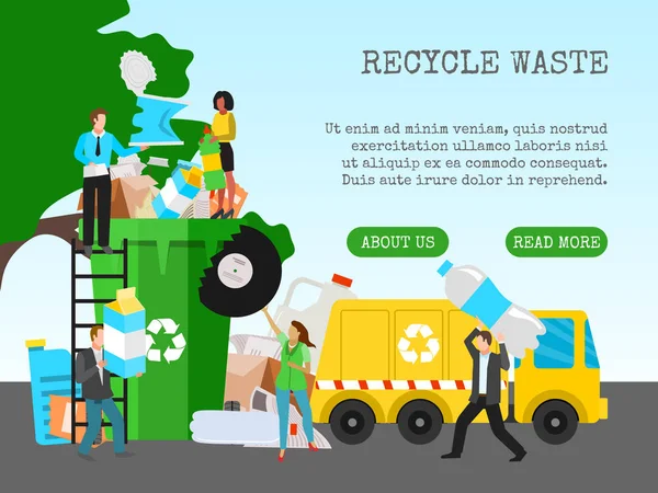 Reciclar basura, guardar ecología concepto banner vector ilustración. Gente pequeña tirando basura en una papelera grande de reciclaje. Residuos de plástico separado latas de reciclaje. Clasificar cosas . — Vector de stock