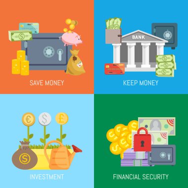 Güvenli efinance kavramı afiş vektör illüstrasyon. Tasarruf ve para, yatırım ve mali güvenlik tutmak. Metalik demir kilitli kapılı kasa. Nakit cüzdan, sikke yığınları.