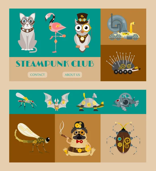Parti veya festival için afiş vektör çizimler Steampunk hayvan seti. Fantastik metal Scarab, kirpi, Flamingo Dişli ve tabanca dekoratif çerçevesi ile gravür tarzında. — Stok Vektör
