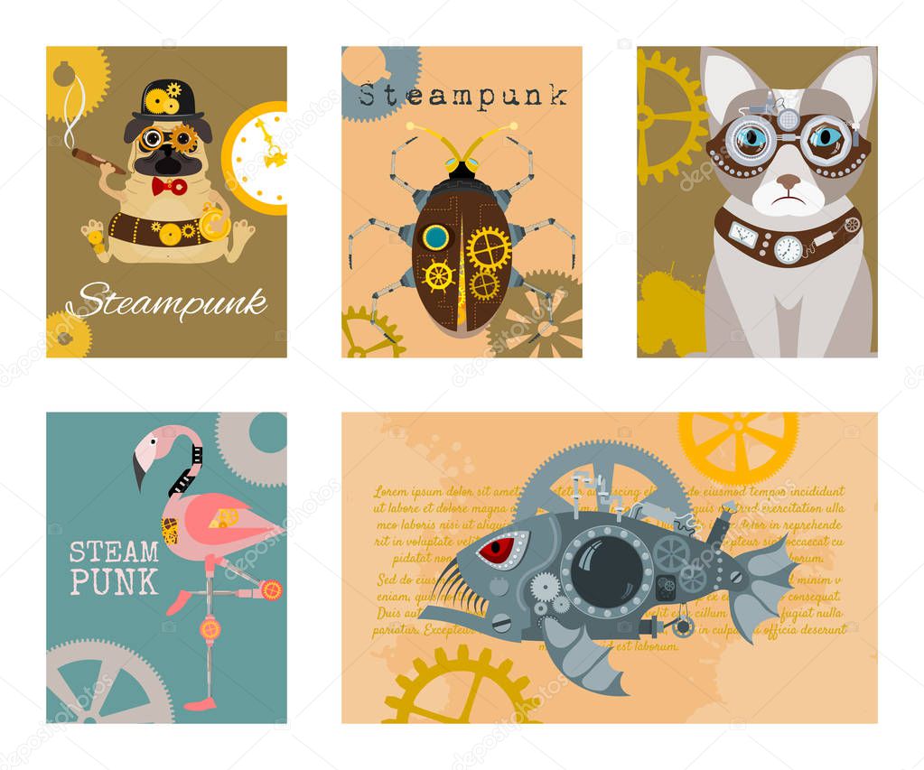 Steampunk animal set of cards vector illustrations. Fantastic cartoon dog, cat, metal fish, flamingo pink in style of engraving with decorative frame of gears and pistols.