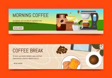 Kahve dükkanı afiş vektör illüstrasyon. Sabah kahvesi. Organik kahve. Her zaman taze ve doğal. Kahve molası. Espresso makinesi fasulye pot gibi barista ekipmanları.