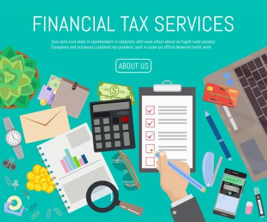 Finansal vergi hizmetleri afiş vektör Illustration. Mali raporun incelenmesi sırasında masadaki Denetçi. Vergi süreci. Araştırma, proje yönetimi, planlama, muhasebe, analiz, veri.
