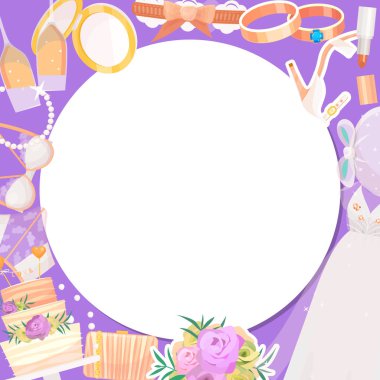 Gelin aksesuarları yuvarlak desen vektör illüstrasyon. Düğün töreni için eşyalar. Evlilik elemanları elbise, Ayakkabı, buket, peçe, kolye, kek, şampanya ile gözlük, iç çamaşırı.