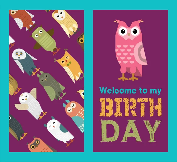 Owl banner and pattern vector illustration. Welcome to my birthday. Cute cartoon wise birds with wings of different color for invitation cards and celebration party.