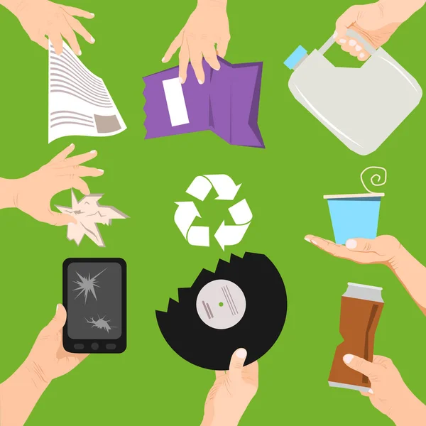 폐기물 포스터 개념 벡터 일러스트입니다. 다른 종류의 쓰레기를 들고 있는 사람들. 깨진 휴대 전화, 접시, 병 및 종이 봉지와 같은 쓰레기통에 손을 대 고 있습니다. 재활용 작업. — 스톡 벡터