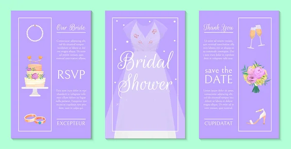 Bridal Shower zaproszenia zestaw banerów ilustracji wektorowych. Zapisz datę. Akcesoria ślubne, takie jak bukiet kwiatów, sukienka, Okulary z szampanem, ciasto, buty, naszyjnik. — Wektor stockowy
