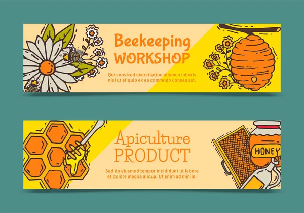 Пчеловодческий набор баннеров, векторная иллюстрация пасеки. Пчеловодческий цех и пчеловодческая продукция. Соты, мед из улья, банка с органическим медом. Пчелы летают над цветами . — стоковый вектор