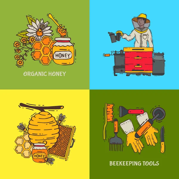 Včelařství, včelka a včelka v ochranném obleku, ilustrace. Muž s vybavením. Voštof, med z Beehive, sklenice s organickým medem. Včely se hemží nad květinami. — Stockový vektor