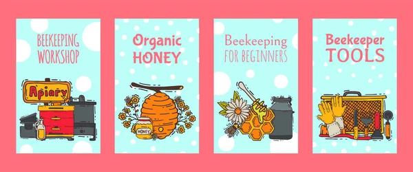 Včelařský soubor proužků, ilustrační vektorovou ilustraci. Včelařství a organický med, včelařství pro začátečníky. Voštof, med z Beehive, sklenice s organickým medem. — Stockový vektor