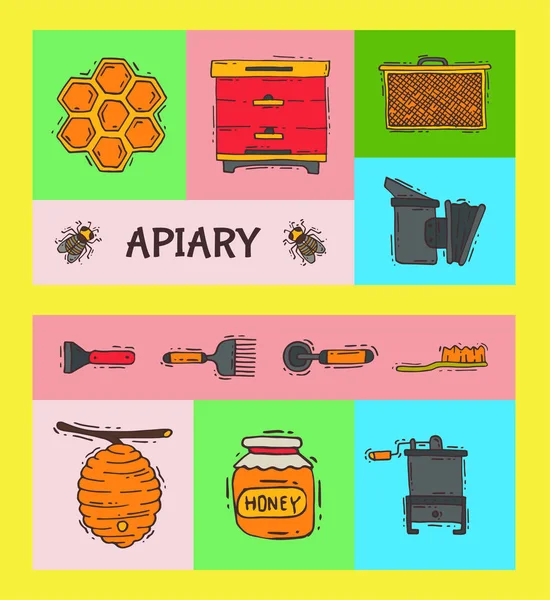 Juego de pancartas apícolas, ilustración vectorial colmenar. Taller de apicultura, herramientas y equipos para la apicultura. panal de abeja, miel de colmena, tarro con miel orgánica . — Vector de stock