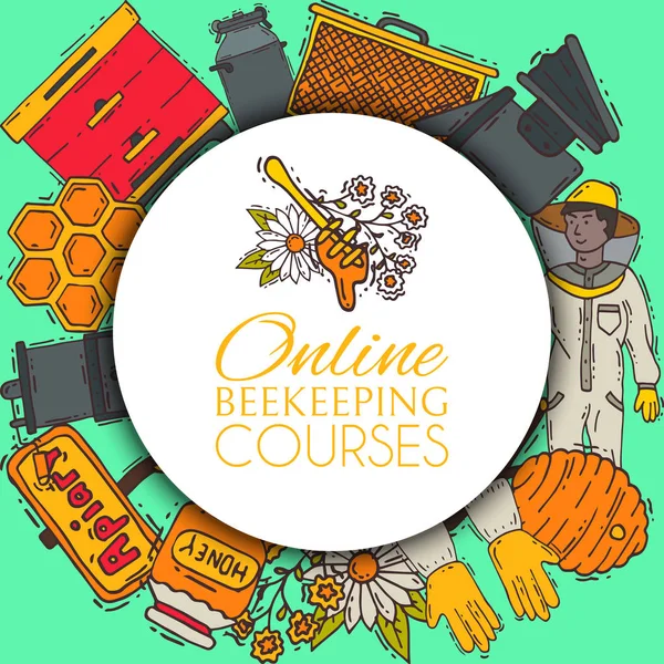 Bijenteelt rond patroon, imkerij vector illustratie. Online bijenteelt cursussen. Bijenteelt workshop. bijenteelt gereedschappen en apparatuur. Honingraat, Honey van Bijenkorf, potje met biologische honing. — Stockvector